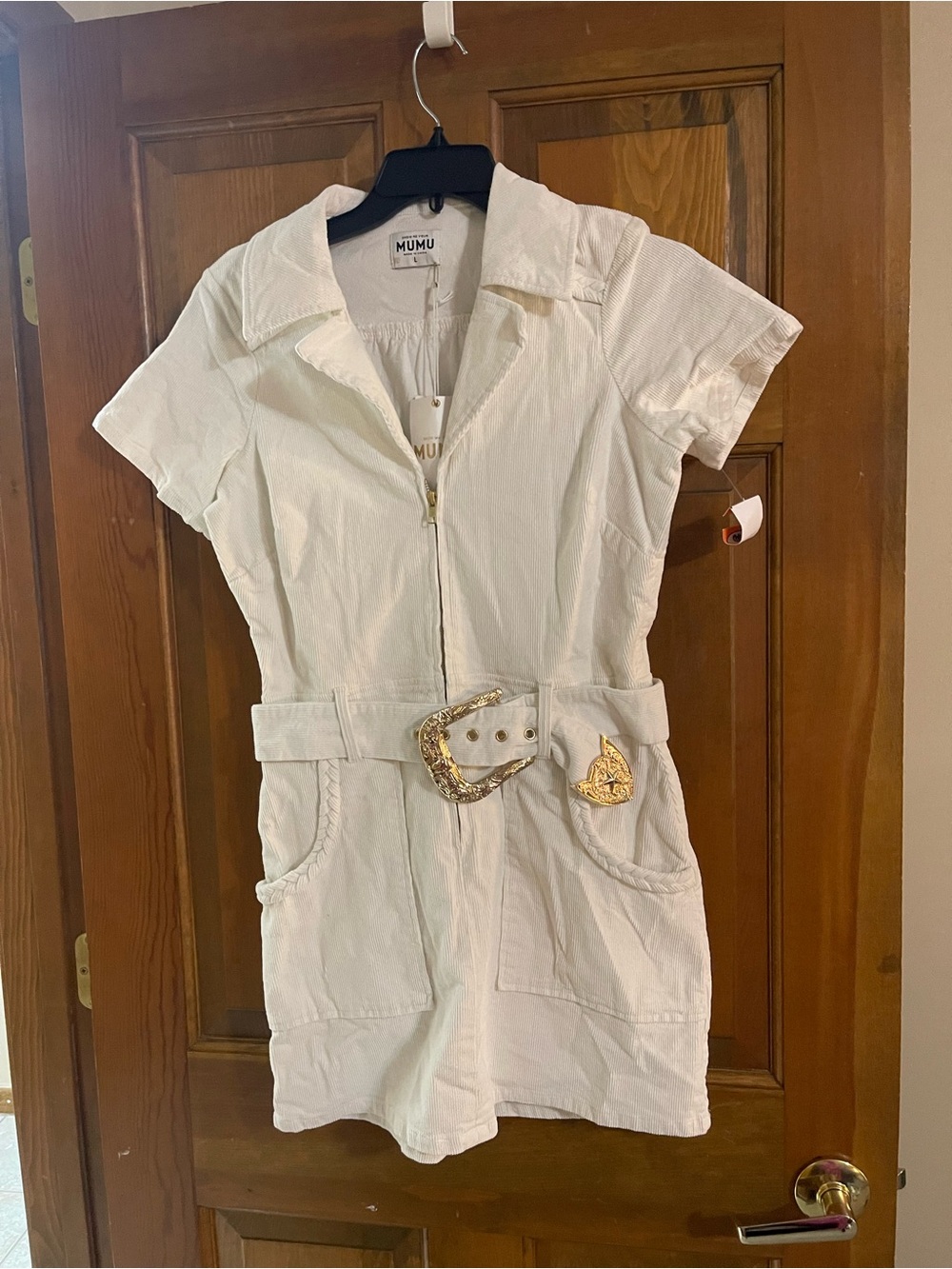 Show Me Your MuMu Cream Short Sleeve Romper with Gold Buckle